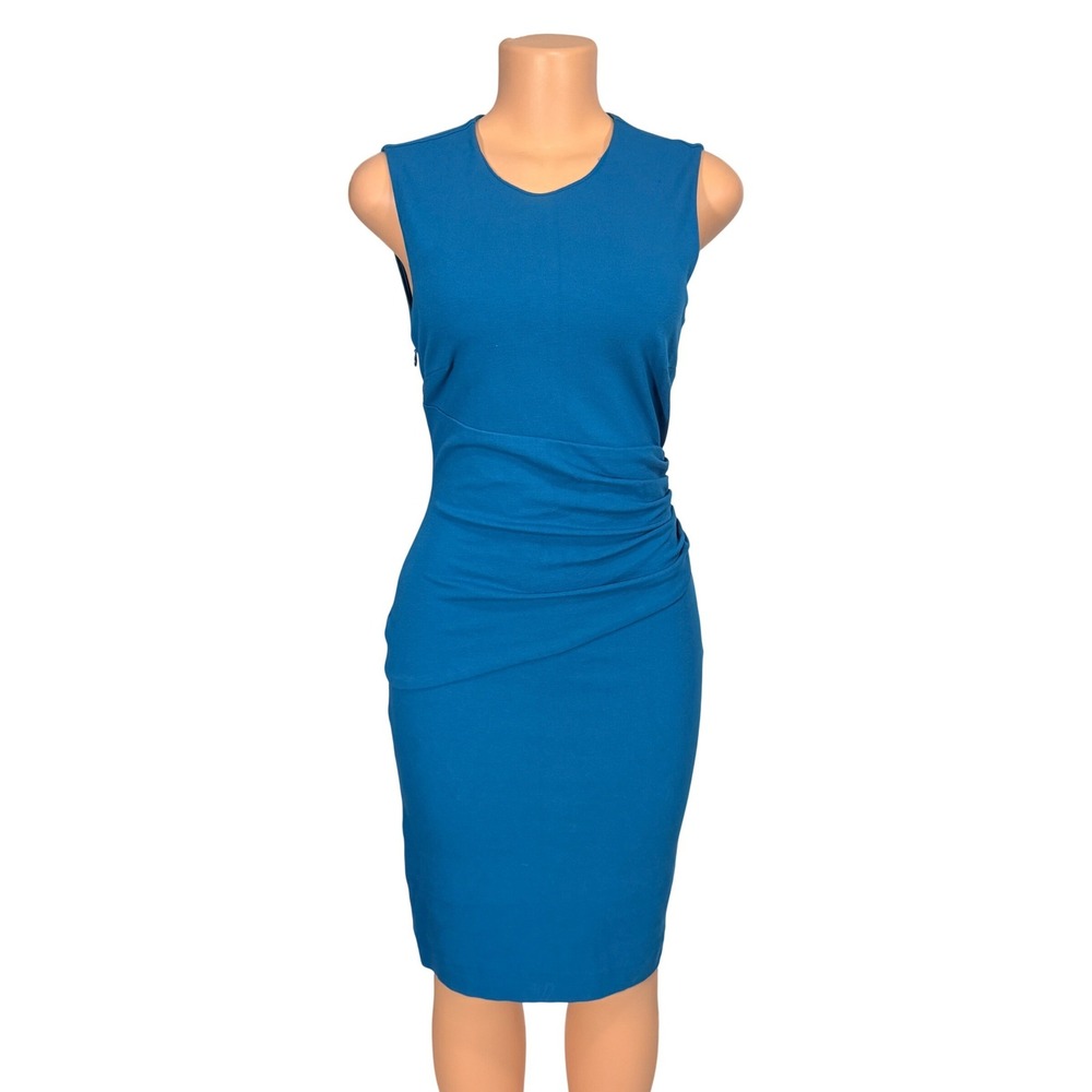 DVF Sleeveless Ruched Sheath Dress Cerulean Blue Round Neck Keyhole Back Size 2